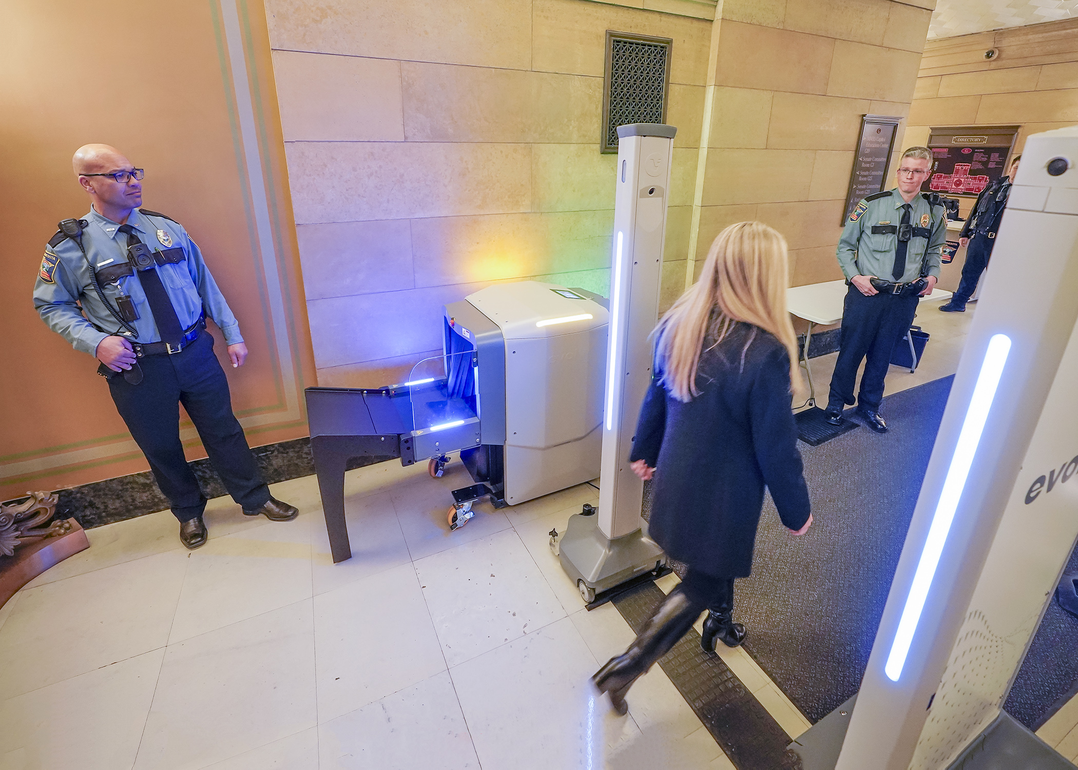 The weapons screening process visitors will experience when entering the State Capitol was demonstrated Friday after a Department of Public Safety news conference. (Photo by Andrew VonBank)